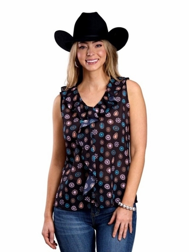Roper Womens Black Sleeveless Concho Shirt 052-0590-3031