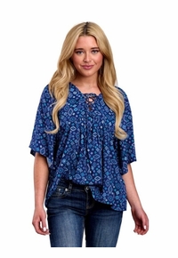 Roper Womens Blue Aztec Peasant Blouse Shirt 051-0590-2049