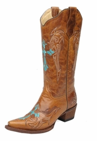 Women's Circle G by Corral Cognac & Turquoise-Beige Wing & Cross Boots L5104 ZDS