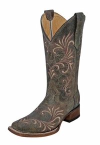 Women's Circle G by Corral Distressed Green Beige Filigree SQ Toe Boots L5194 ZDS
