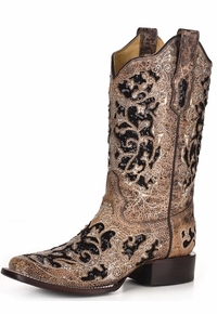 Women's Corral Brown Inlay, Flowered Embroidery & Studs Boots A3648