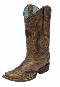 Women's Corral Ethnic Patter & Whip Stitch Square Toe Boots C2915 ZDS