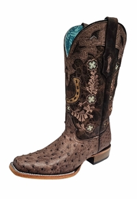 Women's Corral Floral and Horseshoe Embroidery Brown Square Toe Boot A4851