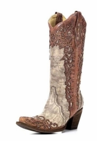 DISCONTINUED/SOLD OUT 2025/07/28 Women's Corral Sand/ Cognac Laser Overlay Square Toe Boots A2870 ZDS