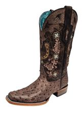 Womens Corral Floral and Horseshoe Embroidery Brown Square Toe Boot A4851