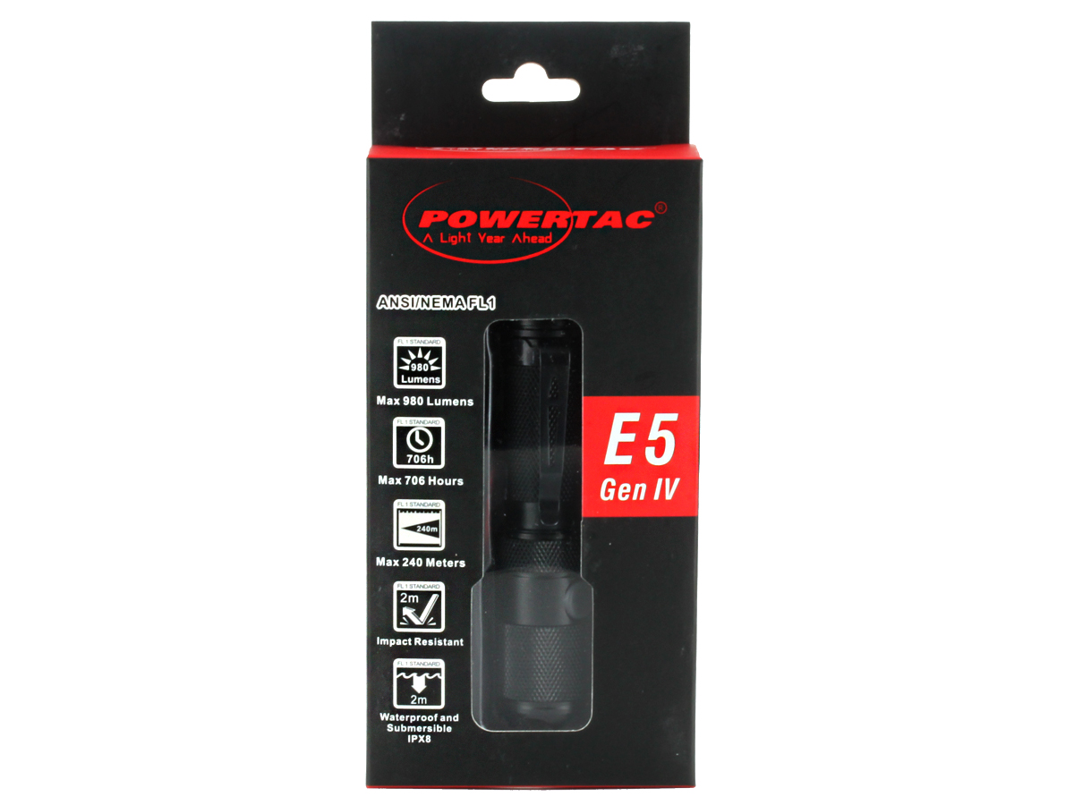Powertac E5 (Gen IV) LED Flashlight CREE XML2 U2 980 Lumens Uses