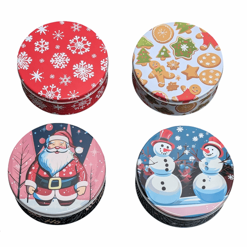 Holiday 2 Lb Round Cookie Tins (12 tins) - Assorted 4 designs, Item # 972907-12