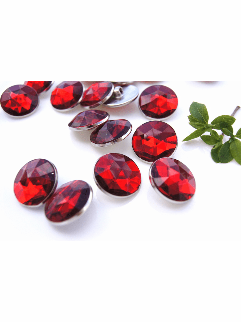 Ruby Red Gem Silver Rim Vintage Shank Buttons 7/8