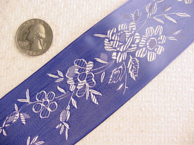 Wide Royal Blue Delicate Floral Satin Jacquard Ribbon #-WR-228