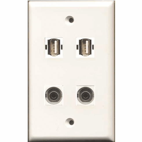 2- USB 2.0 A/A 2- 3.5mm Audio Female Keystone Coupler White Wallplate WP-0022