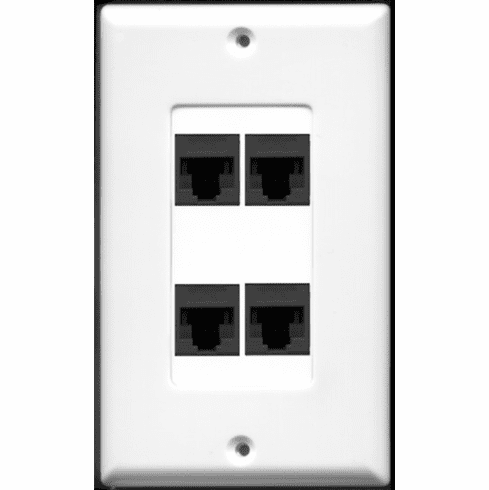 4 Port Cat6 Coupler Wall Plate - Decora White w/Black ports