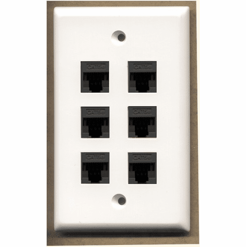 6 Port Cat5e Wall Plate - Flat White w/black ports