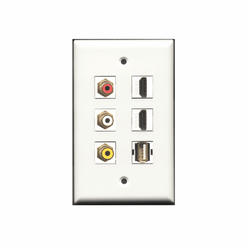 6 PORT COMPOOSITE RED WHITE YELLOW HDMI USB A/A WALL PLATE FEMALE COUPLER TYPE WP-0016