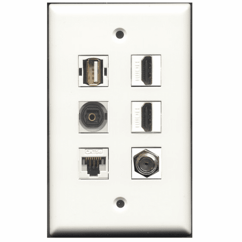 6 PORT WALL PLATE - USB TOSLINK AUDIO CAT5E ETHERNET HDMI COAX CATV FTYPE WHITE       WP-0008