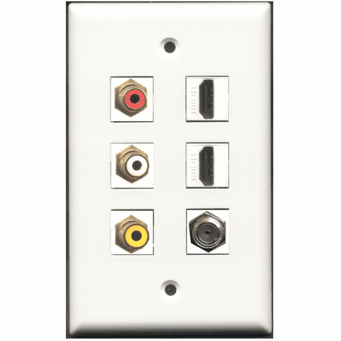 6 PORT WALL PLATE WHITE (FEMALE COUPLER) RED WHITE YELLOW COAX CATV FTYPE HDMI wp-0005
