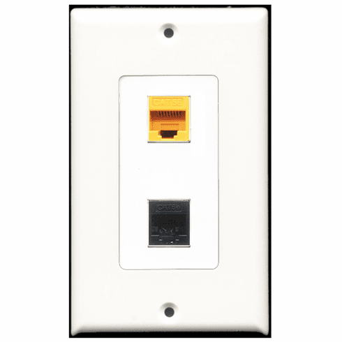 RiteAV - 1 Port Cat5e Ethernet Black - 1 Port Cat5e Ethernet Yellow  Wall Plate Decora White