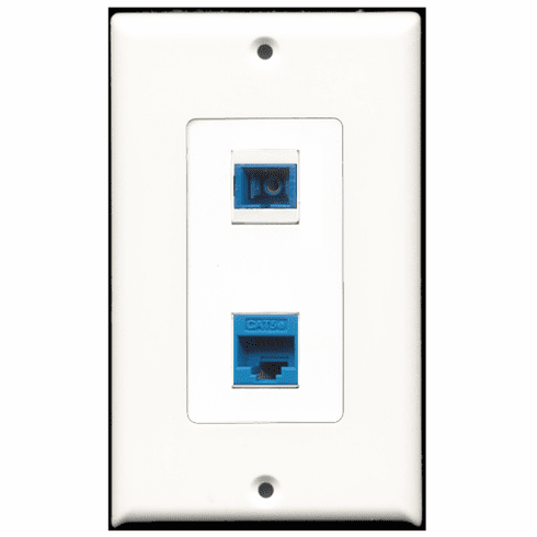 RiteAV - 1 Port Cat5e Ethernet Blue - 1 Port SC Fiber Singlemode Simplex Port  Wall Plate Decora White