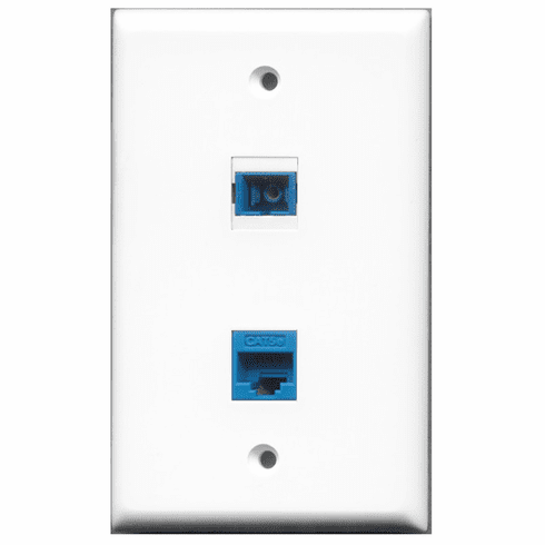 RiteAV - 1 Port Cat5e Ethernet Blue - 1 Port SC Fiber Singlemode Simplex Port  Wall Plate White