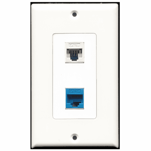 RiteAV - 1 Port Cat5e Ethernet White - 1 Port Cat5e Ethernet Blue  Wall Plate Decora White