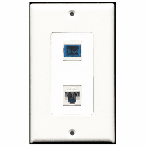 RiteAV - 1 Port Cat5e Ethernet White - 1 Port SC Fiber Singlemode Simplex Port  Wall Plate Decora White