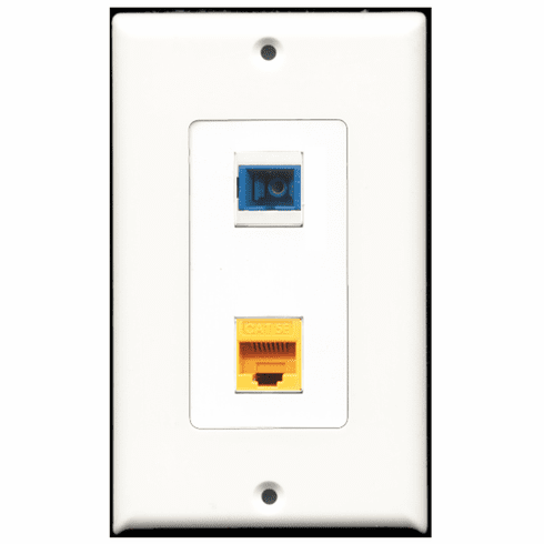 RiteAV - 1 Port Cat5e Ethernet Yellow - 1 Port SC Fiber Singlemode Simplex Port  Wall Plate Decora White