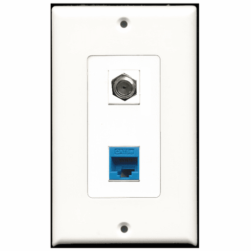 RiteAV - 1 Port Coax Port Cable TV F Type - 1 Port Cat5e Ethernet Blue  Wall Plate Decora White