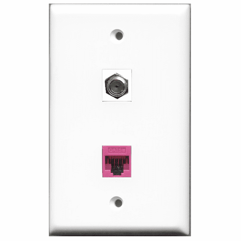 RiteAV - 1 Port Coax Port Cable TV F Type - 1 Port Cat5e Ethernet Pink  Wall Plate White