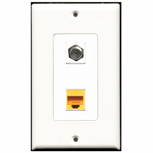 RiteAV - 1 Port Coax Port Cable TV F Type - 1 Port Cat5e Ethernet Yellow  Wall Plate Decora White