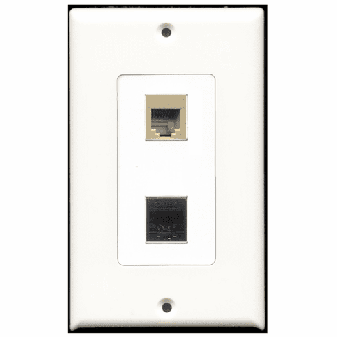 RiteAV - 1 Port Phone RJ11 RJ12 Beige - 1 Port Cat5e Ethernet Black  Wall Plate Decora White