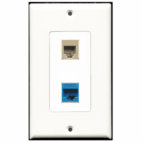 RiteAV - 1 Port Phone RJ11 RJ12 Beige - 1 Port Cat5e Ethernet Blue  Wall Plate Decora White