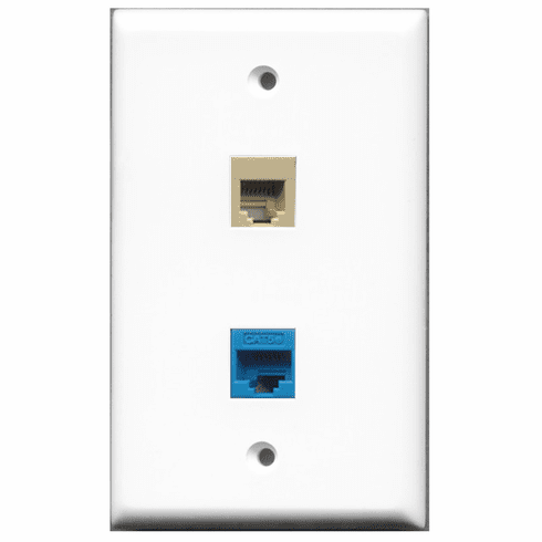 RiteAV - 1 Port Phone RJ11 RJ12 Beige - 1 Port Cat5e Ethernet Blue  Wall Plate White