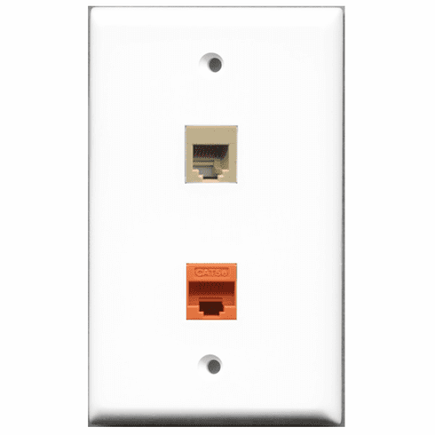 RiteAV - 1 Port Phone RJ11 RJ12 Beige - 1 Port Cat5e Ethernet Orange  Wall Plate White