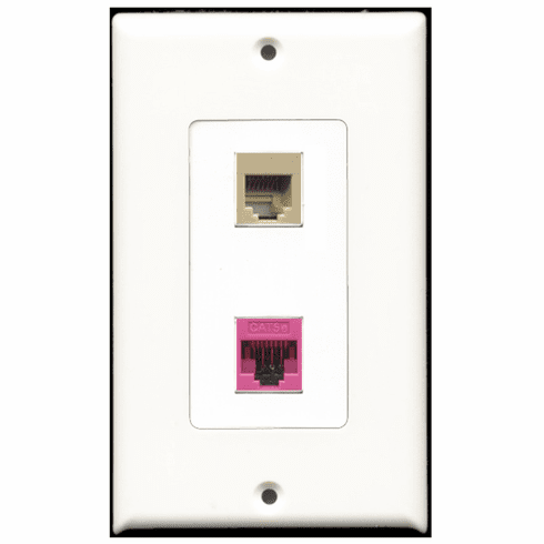 RiteAV - 1 Port Phone RJ11 RJ12 Beige - 1 Port Cat5e Ethernet Pink  Wall Plate Decora White
