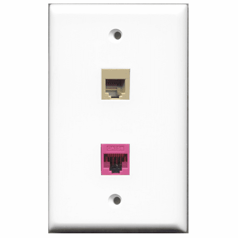 RiteAV - 1 Port Phone RJ11 RJ12 Beige - 1 Port Cat5e Ethernet Pink  Wall Plate White