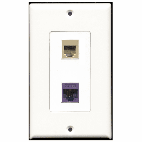 RiteAV - 1 Port Phone RJ11 RJ12 Beige - 1 Port Cat5e Ethernet Purple  Wall Plate Decora White