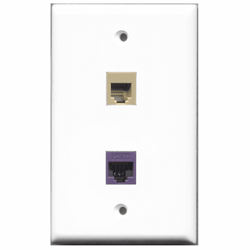 RiteAV - 1 Port Phone RJ11 RJ12 Beige - 1 Port Cat5e Ethernet Purple  Wall Plate White