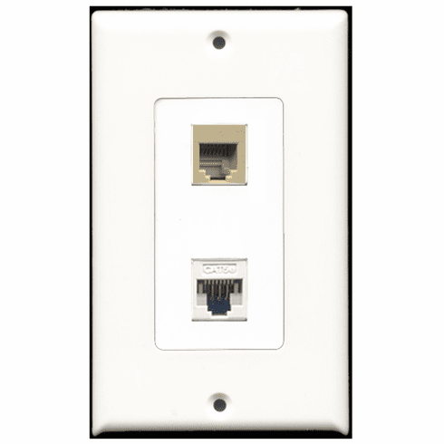 RiteAV - 1 Port Phone RJ11 RJ12 Beige - 1 Port Cat5e Ethernet White  Wall Plate Decora White