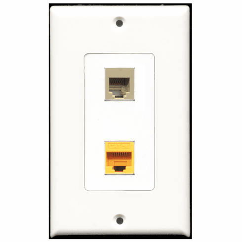 RiteAV - 1 Port Phone RJ11 RJ12 Beige - 1 Port Cat5e Ethernet Yellow  Wall Plate Decora White