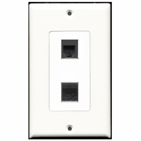 RiteAV - 1 Port Phone RJ11 RJ12 Black - 1 Port Cat5e Ethernet Black  Wall Plate Decora White