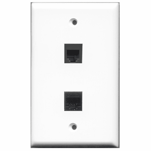 RiteAV - 1 Port Phone RJ11 RJ12 Black - 1 Port Cat5e Ethernet Black  Wall Plate White