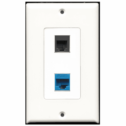 RiteAV - 1 Port Phone RJ11 RJ12 Black - 1 Port Cat5e Ethernet Blue  Wall Plate Decora White