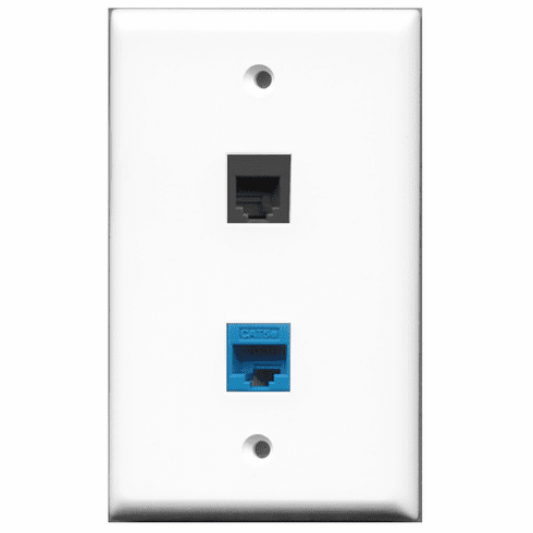 RiteAV - 1 Port Phone RJ11 RJ12 Black - 1 Port Cat5e Ethernet Blue  Wall Plate White