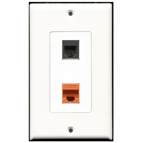 RiteAV - 1 Port Phone RJ11 RJ12 Black - 1 Port Cat5e Ethernet Orange  Wall Plate Decora White