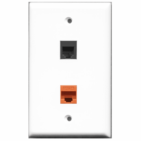 RiteAV - 1 Port Phone RJ11 RJ12 Black - 1 Port Cat5e Ethernet Orange  Wall Plate White