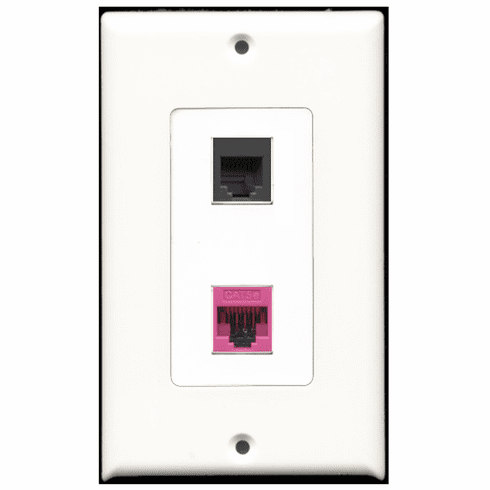 RiteAV - 1 Port Phone RJ11 RJ12 Black - 1 Port Cat5e Ethernet Pink  Wall Plate Decora White