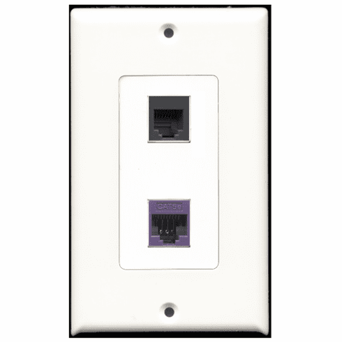 RiteAV - 1 Port Phone RJ11 RJ12 Black - 1 Port Cat5e Ethernet Purple  Wall Plate Decora White