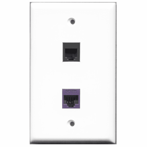 RiteAV - 1 Port Phone RJ11 RJ12 Black - 1 Port Cat5e Ethernet Purple  Wall Plate White
