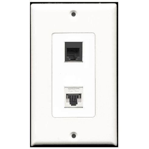 RiteAV - 1 Port Phone RJ11 RJ12 Black - 1 Port Cat5e Ethernet White  Wall Plate Decora White