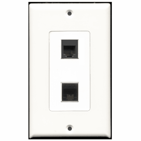 RiteAV - 1 Port Phone RJ11 RJ12 Black 1 Port Cat6 Black  Wall Plate Decora White