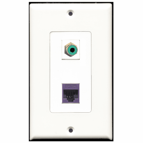 RiteAV - 1 Port RCA Green - 1 Port Cat5e Ethernet Purple  Wall Plate Decora White